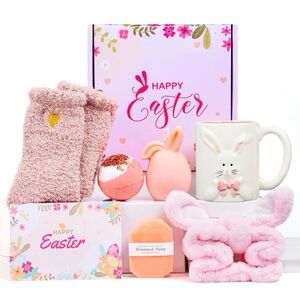Easter Basket Essentials For Women’s Basket with Pink Bunny Mug and Socks